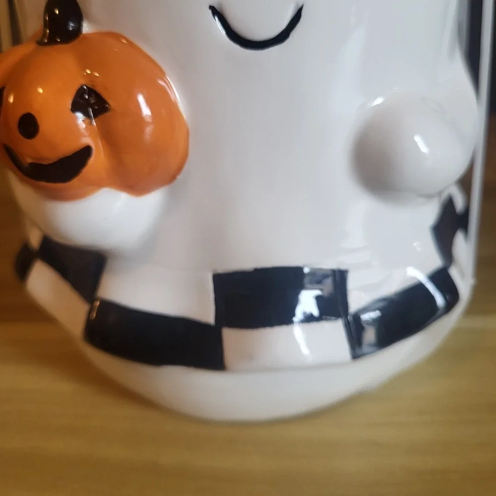 Jack O Lantern Lane Halloween Ghost Cookie Jar Pumpkin Checkerboard Ceramic NEW